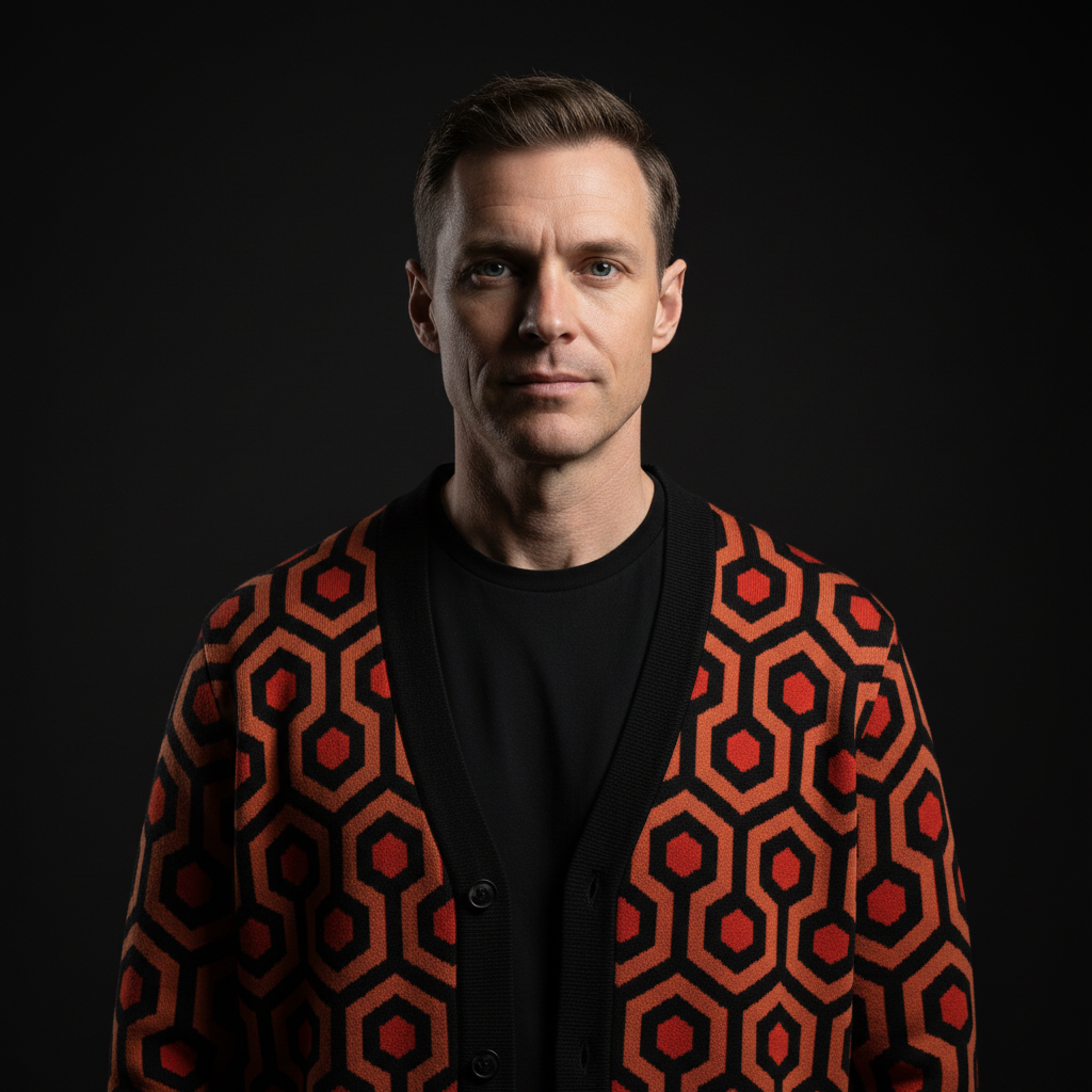 Man wearing a patterned cardigan with red and orange hexagonal design called the Overlook Knit Cardigan – The Shining Carpet Sweater 