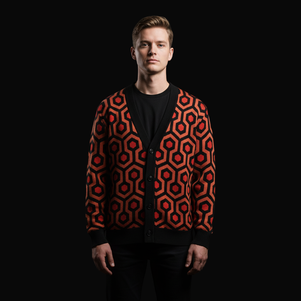 Man wearing a patterned cardigan called the Overlook Knit Cardigan – The Shining Carpet Sweater  with a black background