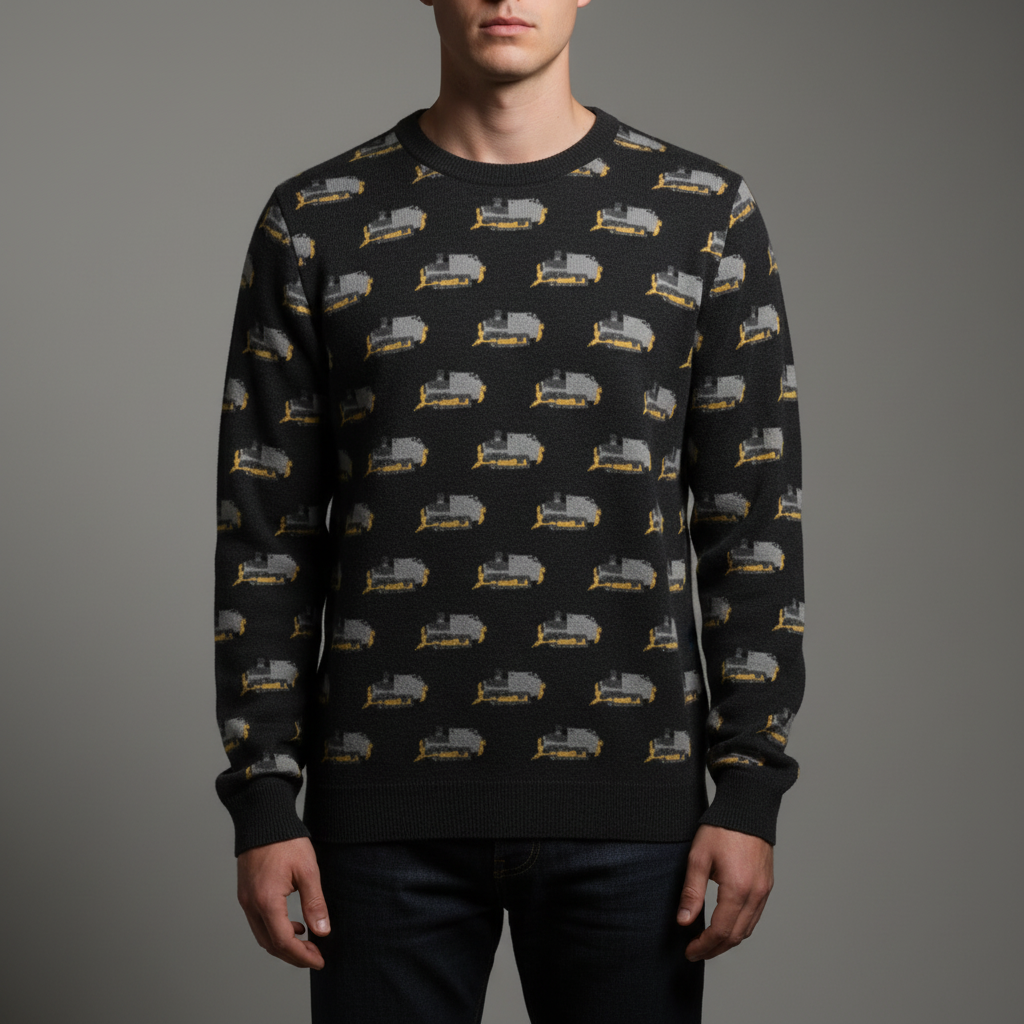 Person wearing a black sweater with train pattern against a gray background