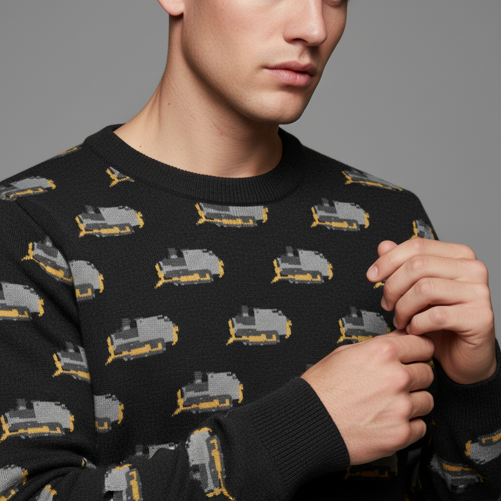 Person wearing a black sweater with pixelated train pattern against a gray background