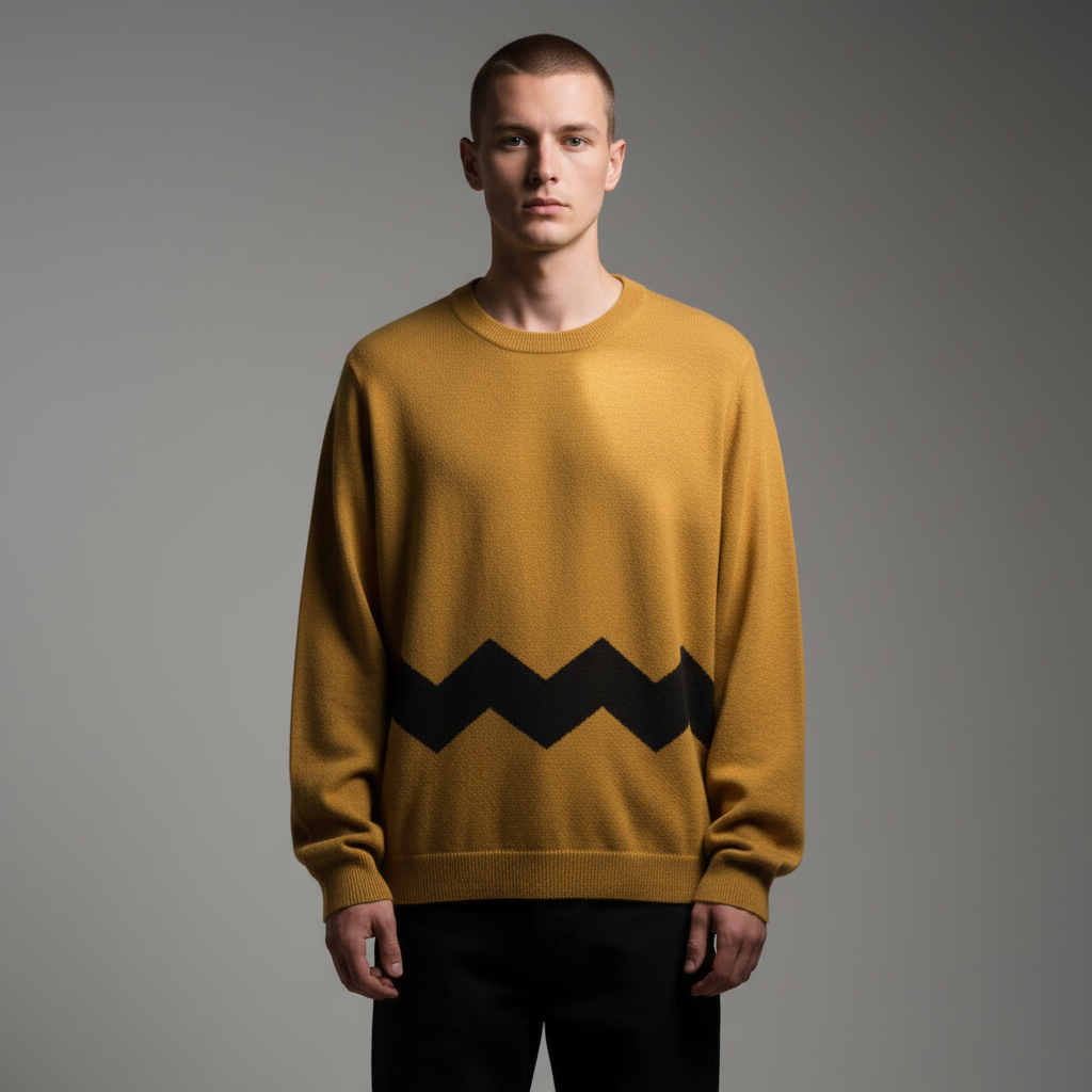 Man wearing a mustard yellow Charlie Brown inspired sweater with black zigzag pattern on a gray background