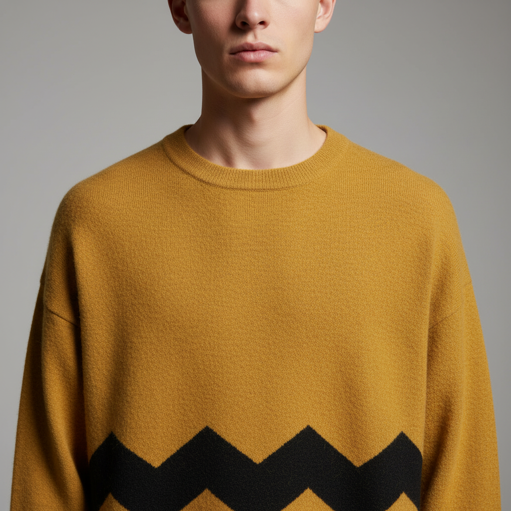 Man wearing a mustard yellow Charlie Brown inspired sweater with black zigzag pattern on a gray background