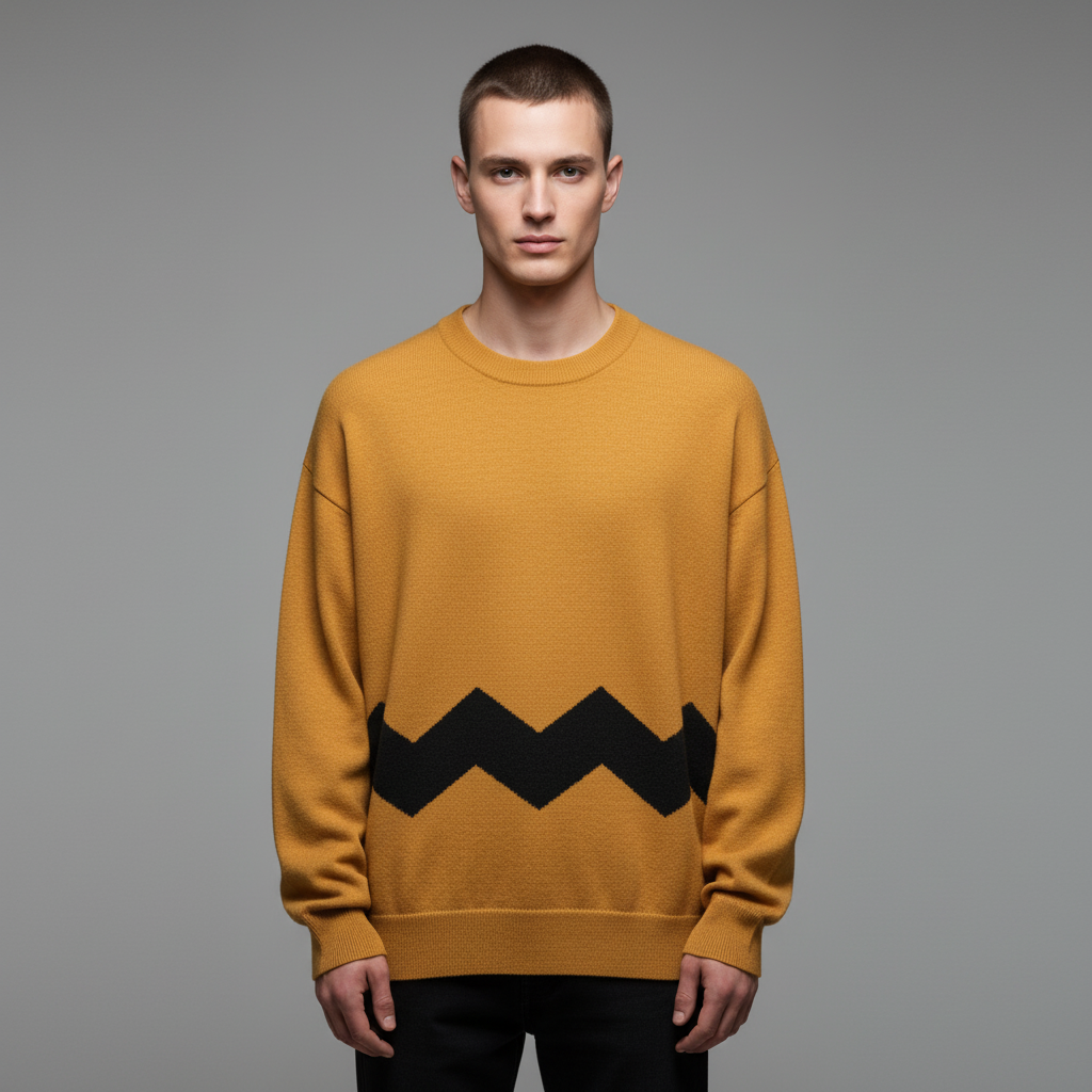 Man wearing a mustard yellow sweater with a black zigzag pattern on a gray background