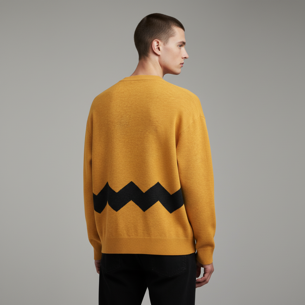 Person wearing a mustard yellow sweater with black zigzag pattern on a gray background