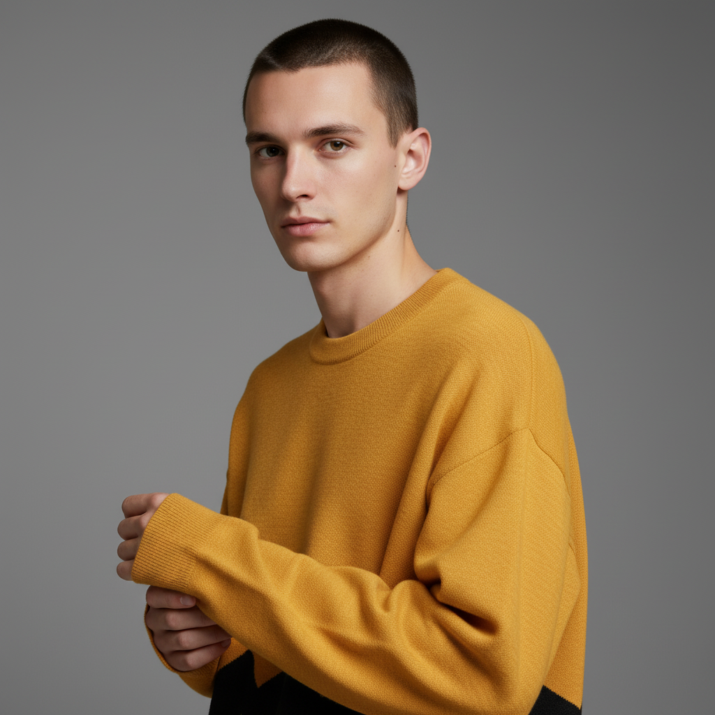 Man wearing a mustard yellow sweater against a gray background