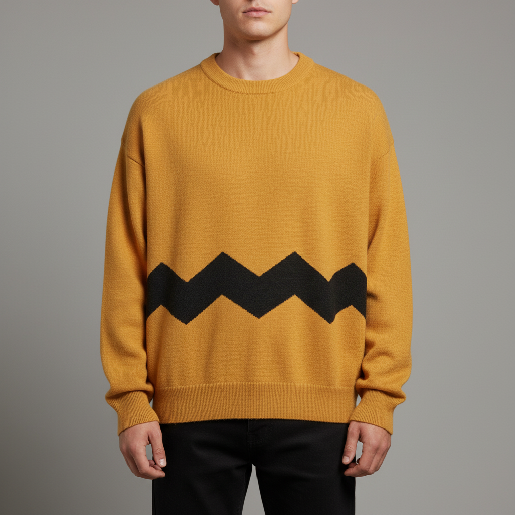 Person wearing a mustard yellow sweater with a black zigzag pattern on a gray background. The Sweater is called the Chuck Brown Relaxed Fit knitted Crew Neck Sweater.