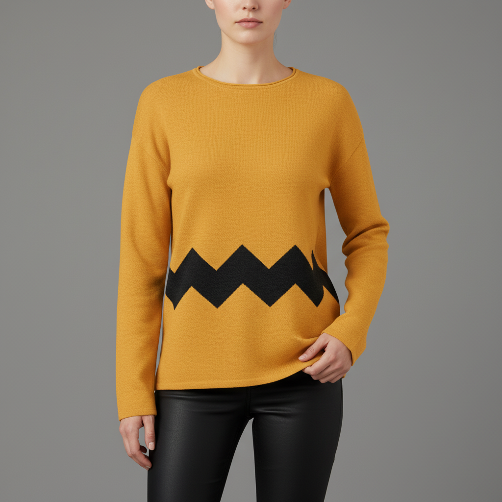 Person wearing a mustard yellow sweater with black zigzag pattern on a gray background