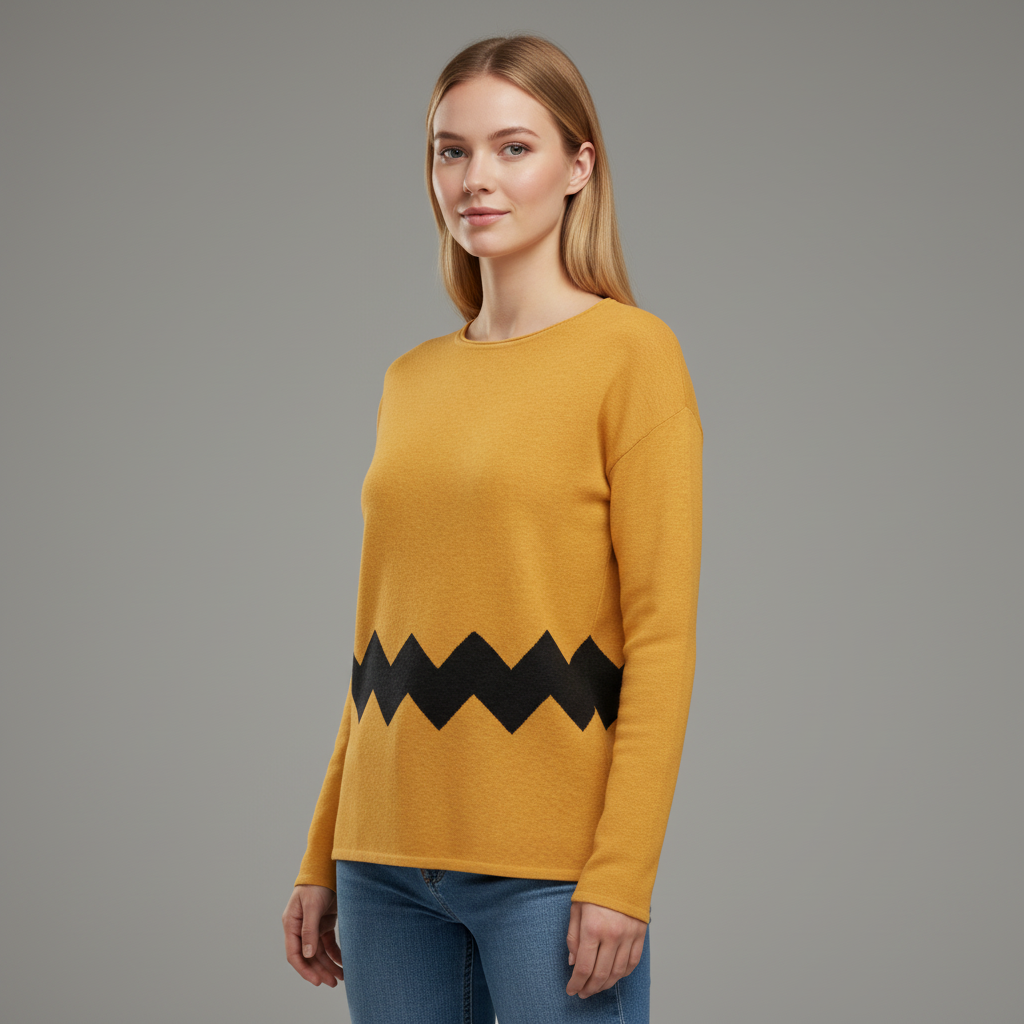 Woman wearing a mustard yellow sweater with black zigzag pattern on a gray background
