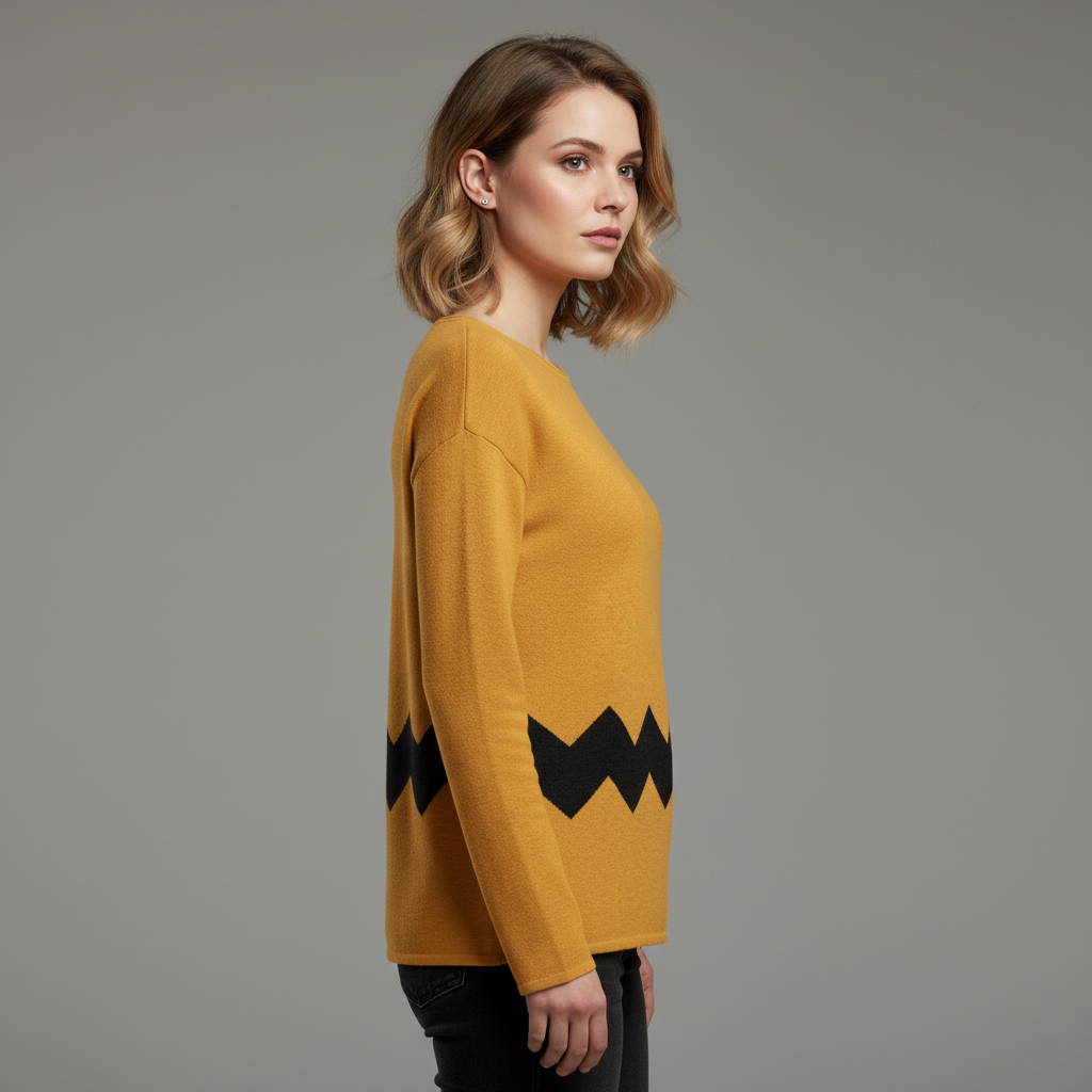 Woman wearing a mustard yellow sweater with black accents on a gray background