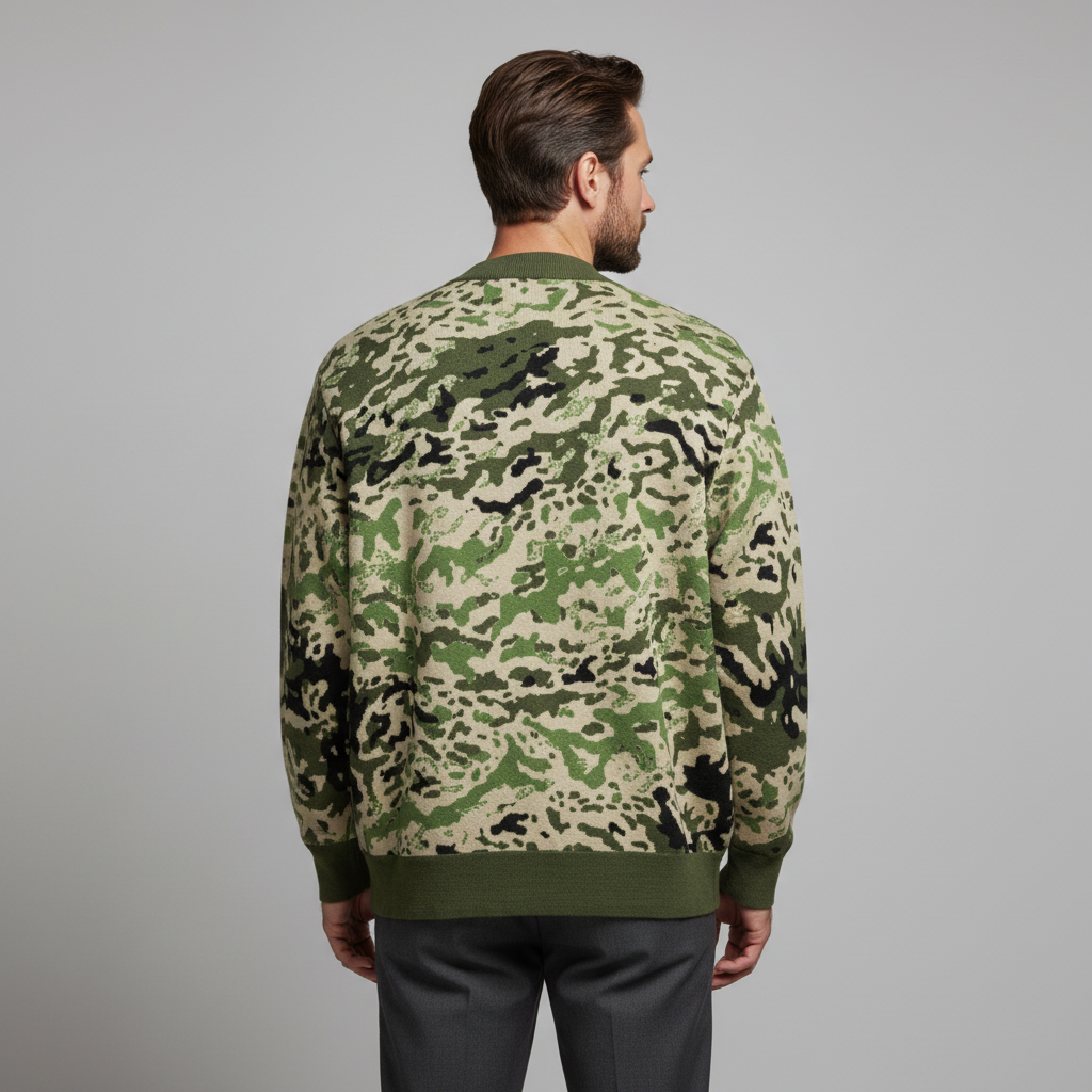 Man wearing a camouflage sweater on a gray background