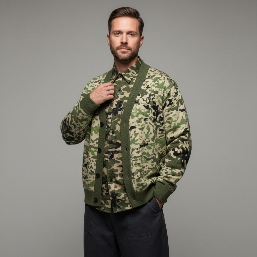 Man wearing a camouflage jacket on a gray background