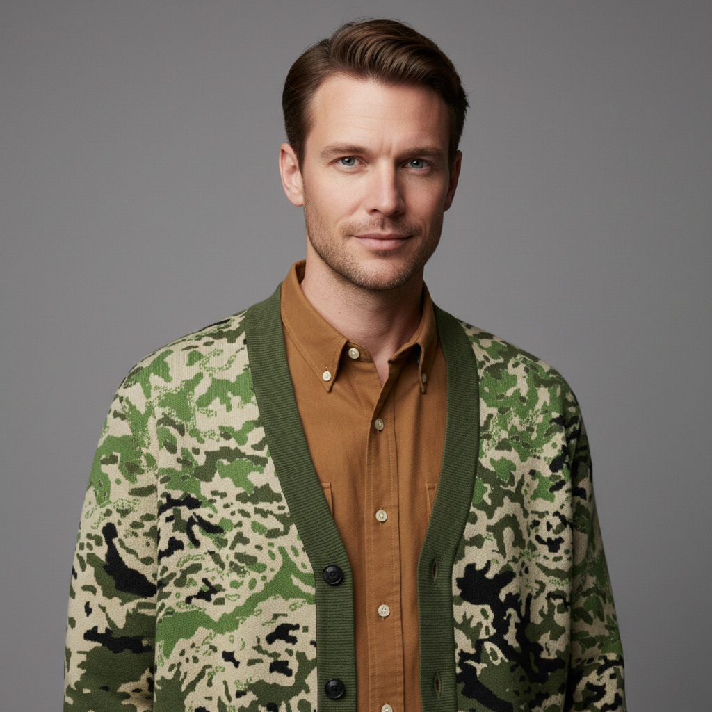 Man wearing a camouflage cardigan over a brown shirt on a gray background