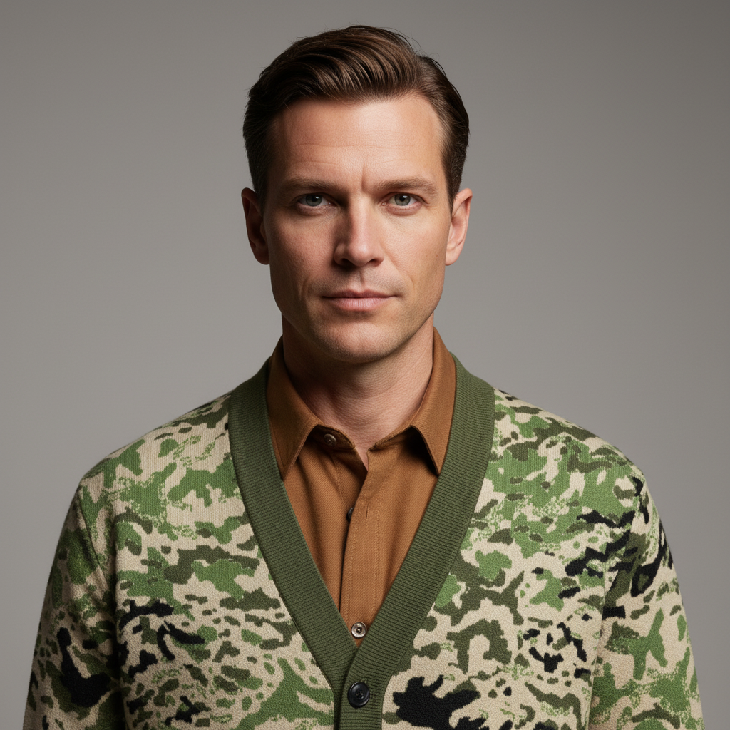 Man wearing a camouflage-patterned sweater over a brown shirt against a gray background