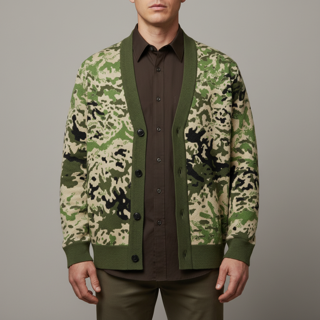 Man wearing a camouflage-patterned cardigan over a brown shirt on a gray background