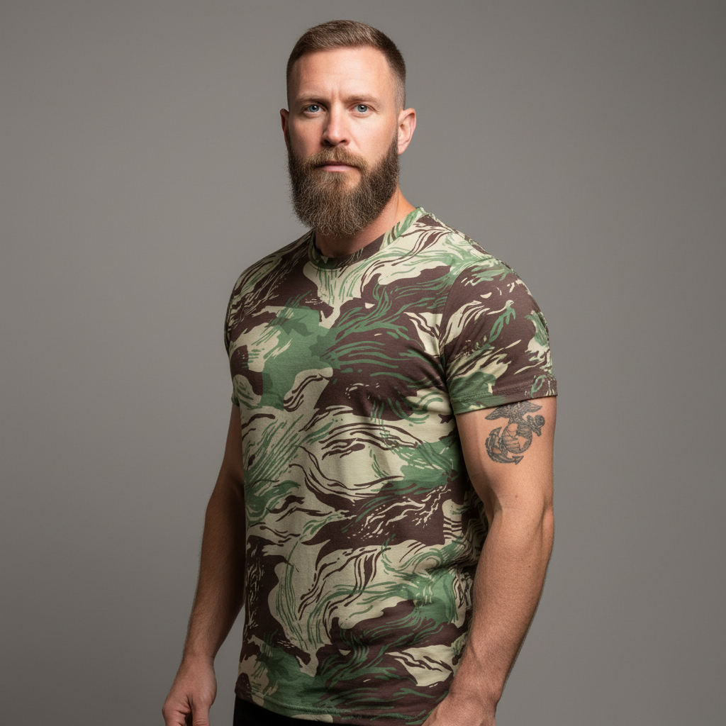 Man wearing a Rhodesian Brushstroke camouflage t-shirt against a gray background