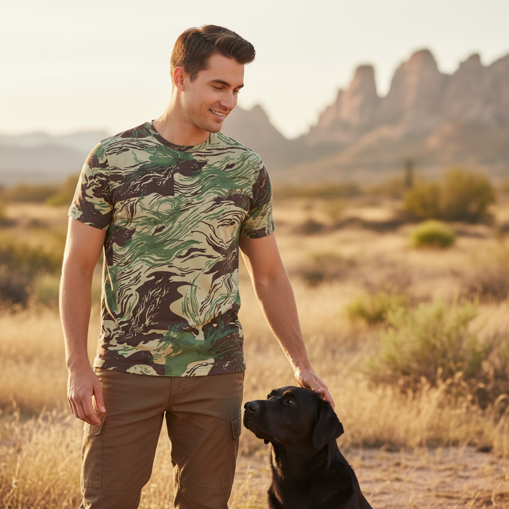 Man in Rhodesian Brushstroke camouflage shirt standing with a dog in a desert landscape
