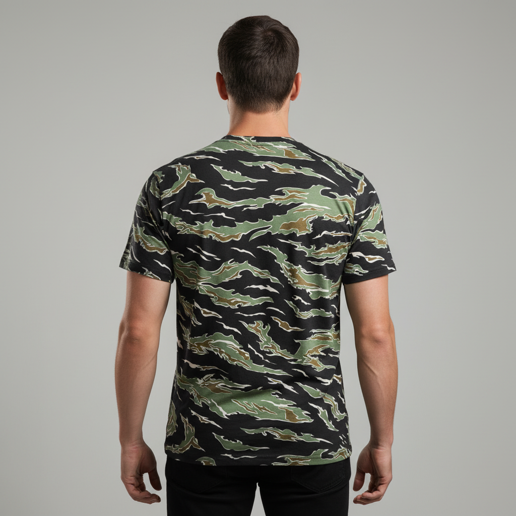 Person wearing a Tiger Stripe camouflage t-shirt on a gray background