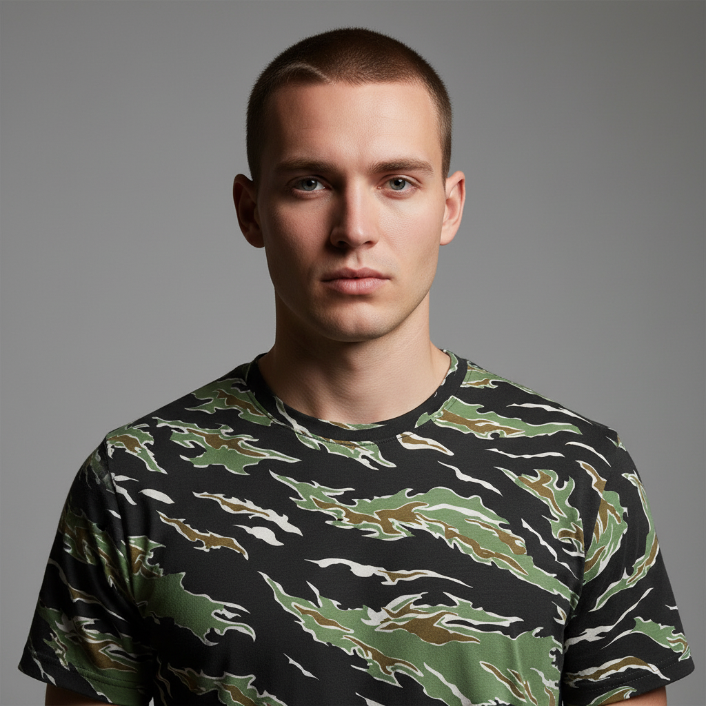 Man wearing a Tiger Stripe camouflage-patterned shirt against a gray background