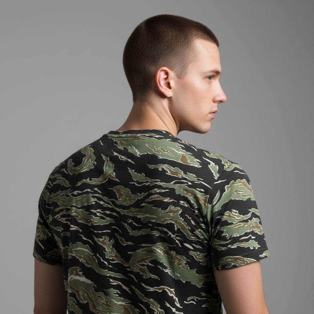 Person wearing a Tiger Stripe camouflage t-shirt against a gray background