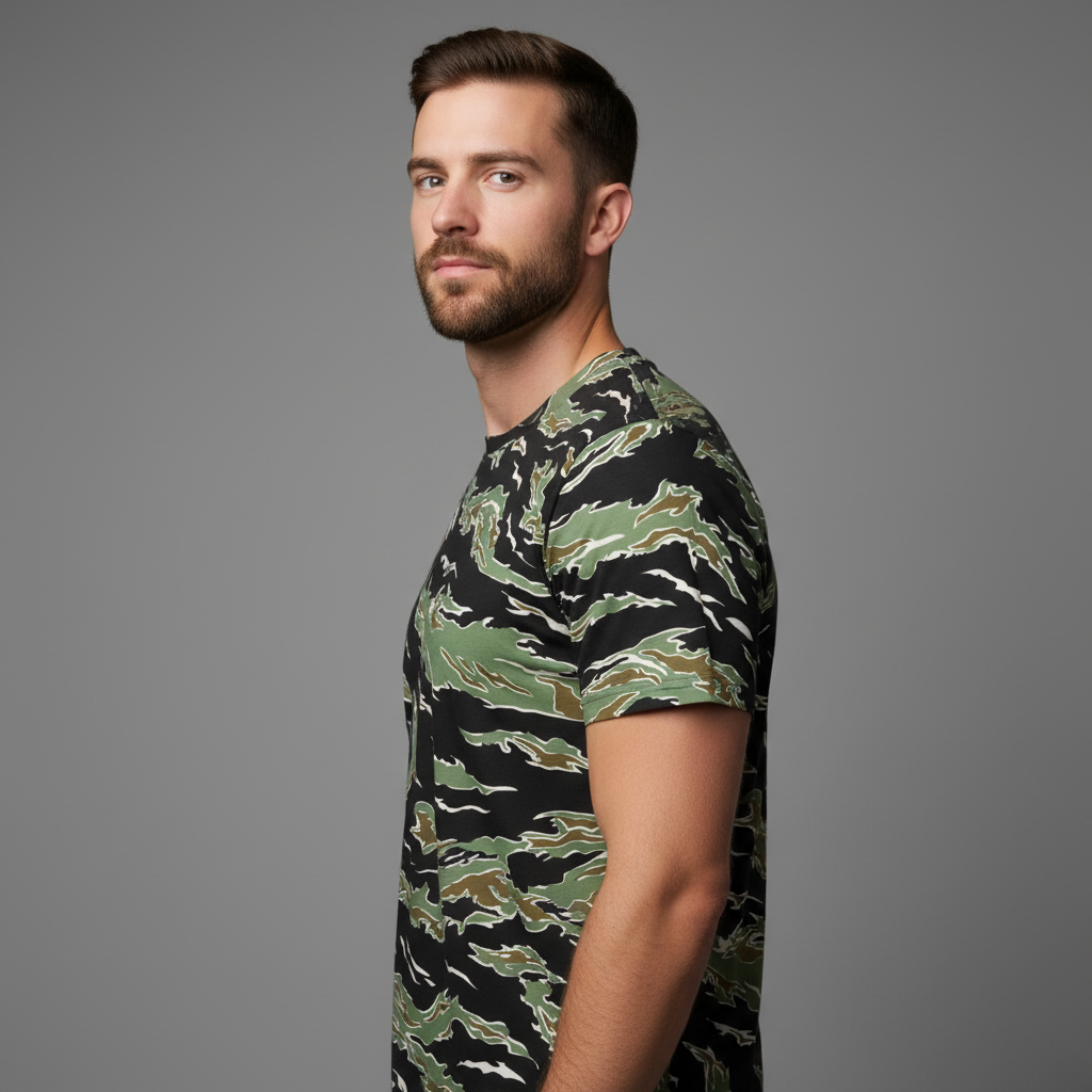 Man wearing a Tiger Stripe camouflage t-shirt against a gray background