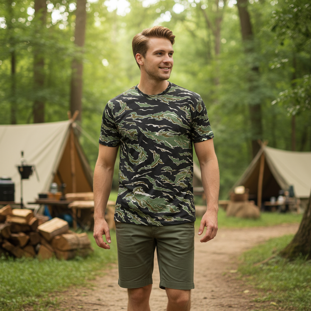 Man wearing a Tiger Stripe camouflage t-shirt and shorts standing in a forest with tents in the background