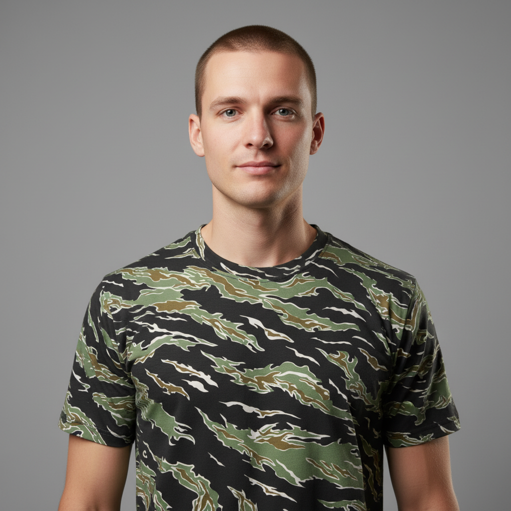 Man wearing a Tiger Stripe camouflage t-shirt against a gray background