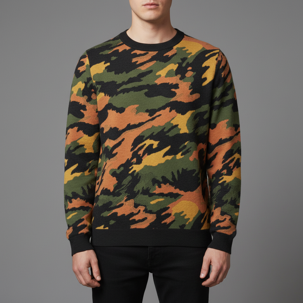 Camouflage patterned sweater worn by a person on a gray background