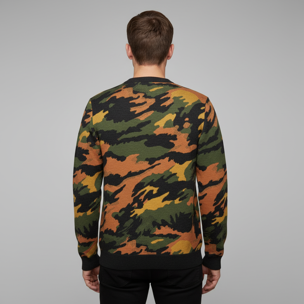 Person wearing a camouflage sweater on a gray background