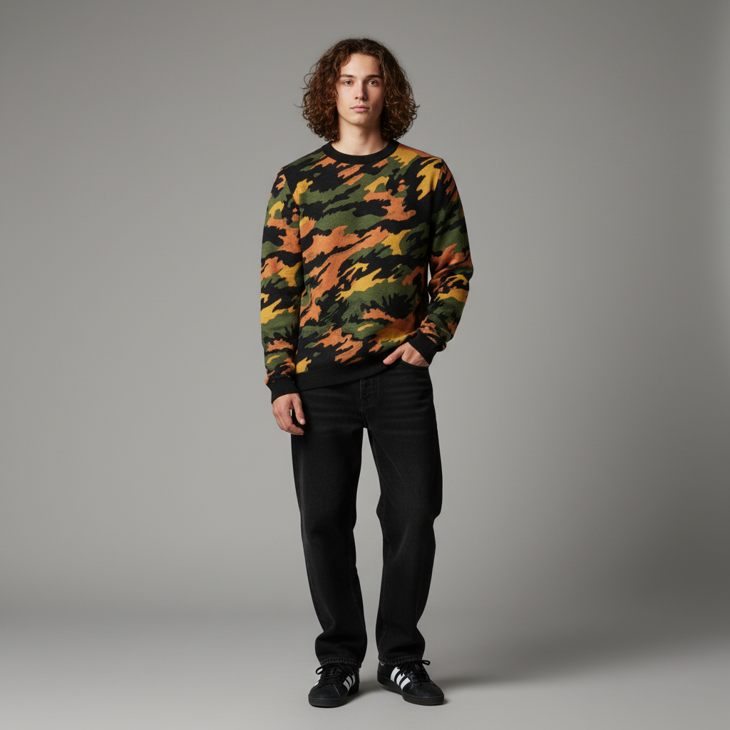 Young man wearing an autumn color camouflage sweater from Liberty Maniacs and black pants on a gray background