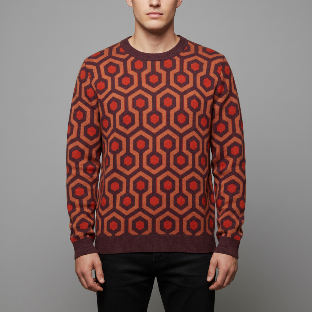 Person wearing a patterned sweater with red and brown hexagonal design on a gray background