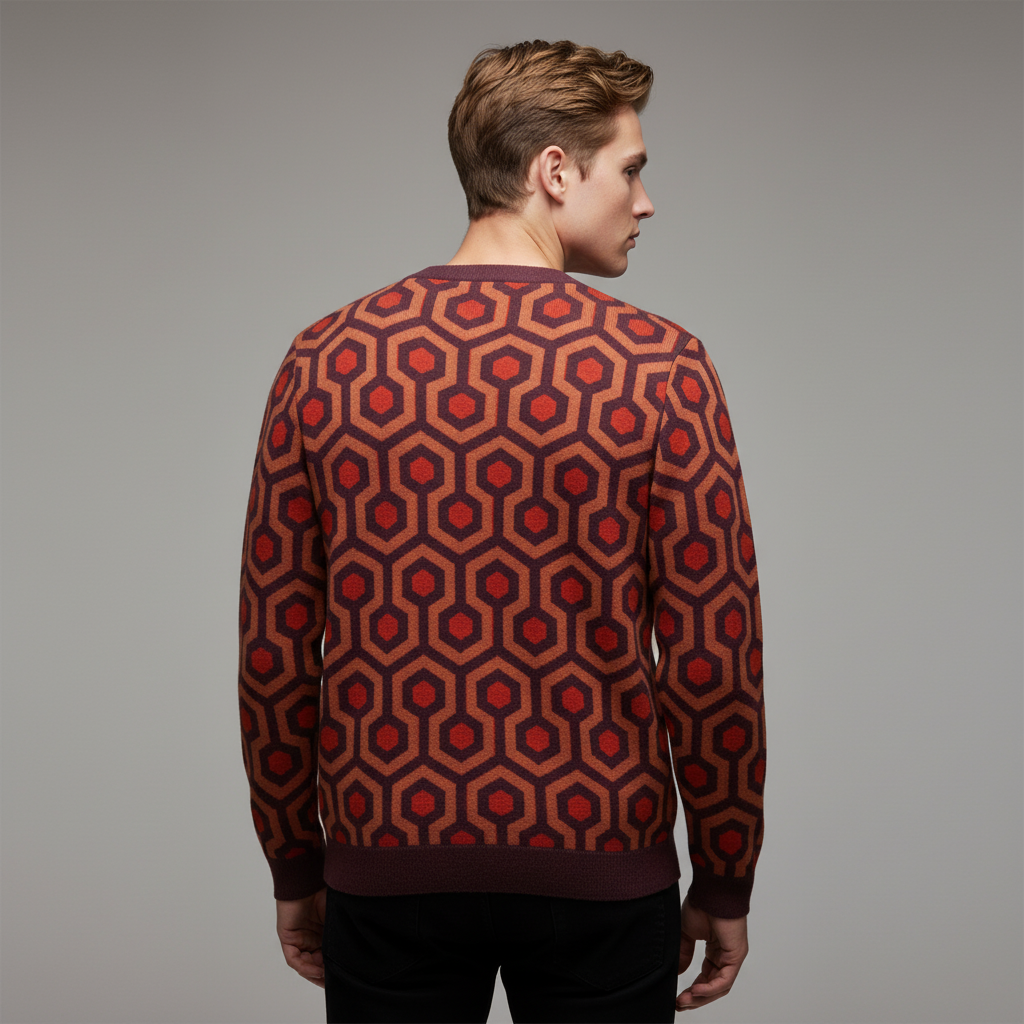 Man wearing a patterned sweater with a geometric design on a plain background