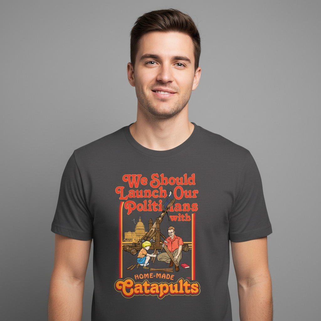 Man wearing a t-shirt with a graphic design and text on a gray background