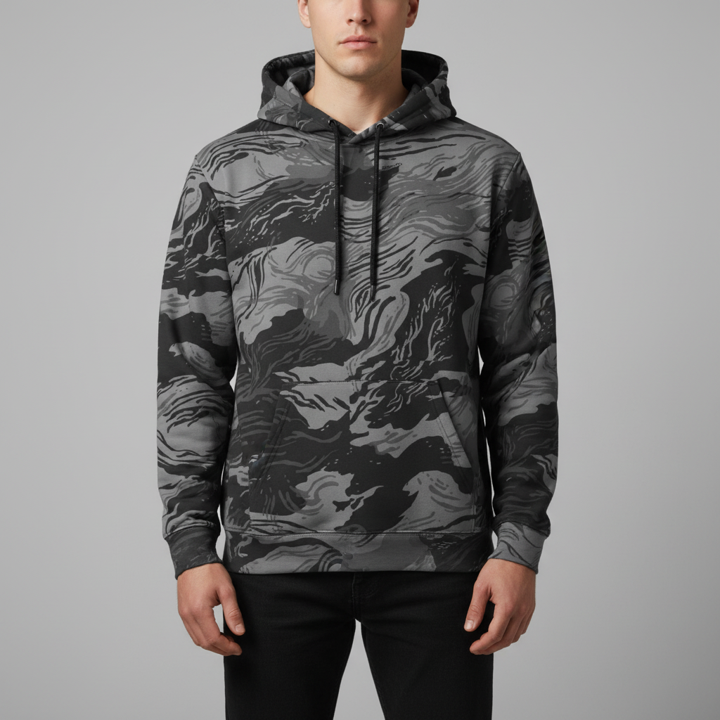 Person wearing a camouflage hoodie on a gray background