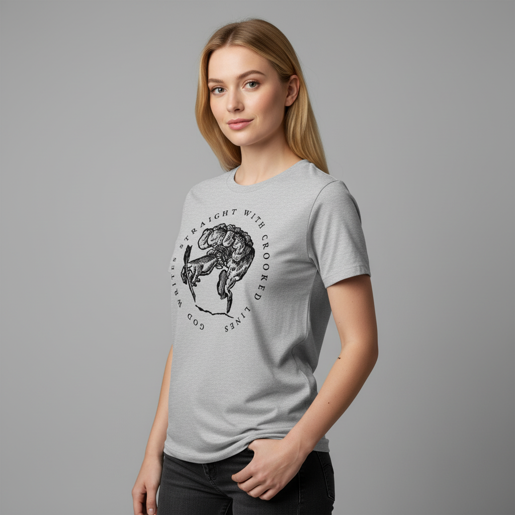 Woman wearing a gray t-shirt with a graphic design on a gray background