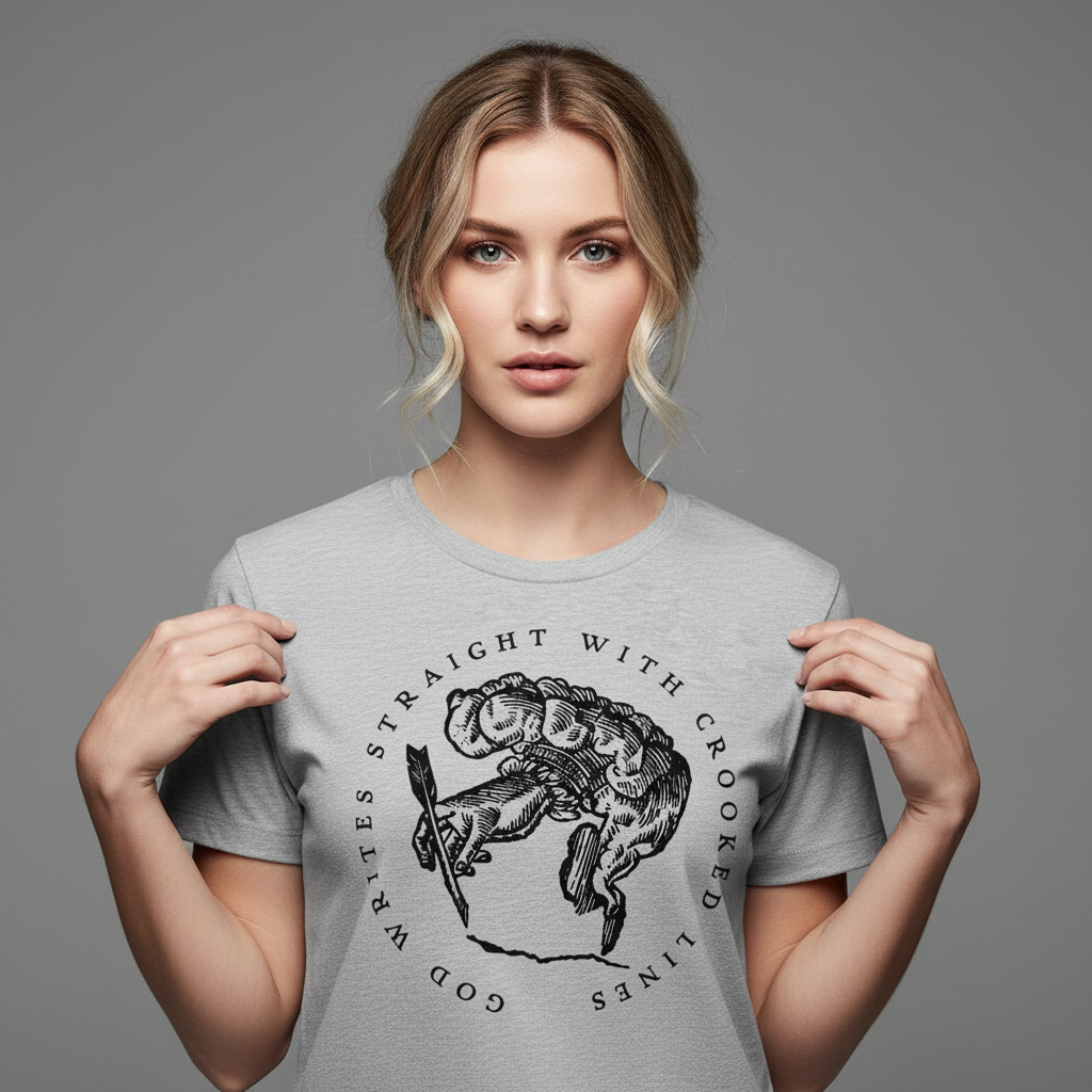 Woman wearing a gray t-shirt with a graphic design and text on a gray background