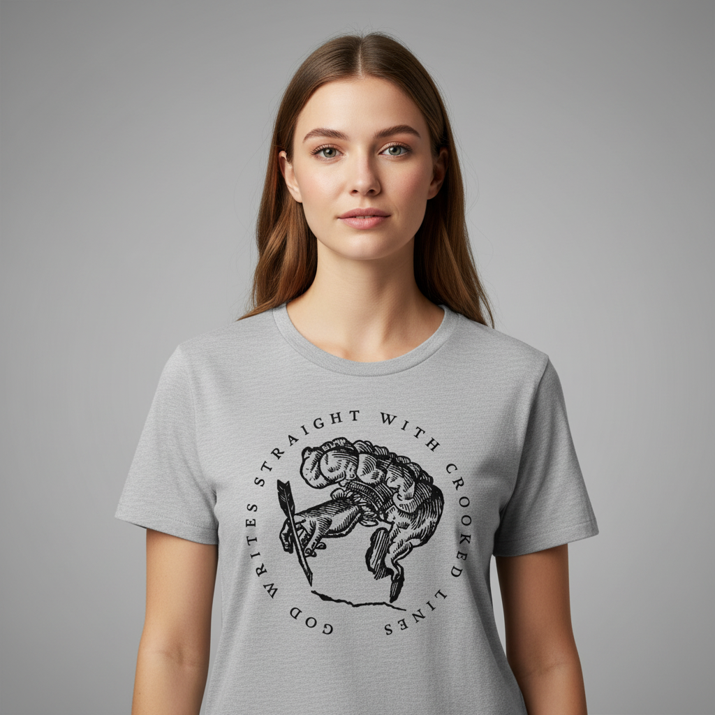 Woman wearing a gray t-shirt with a graphic design and text on a gray background