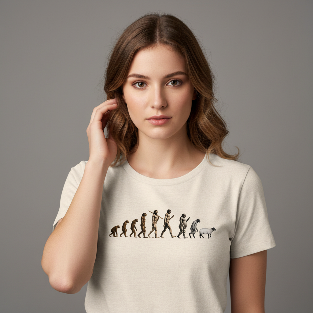 Woman wearing a t-shirt with a graphic design on a gray background