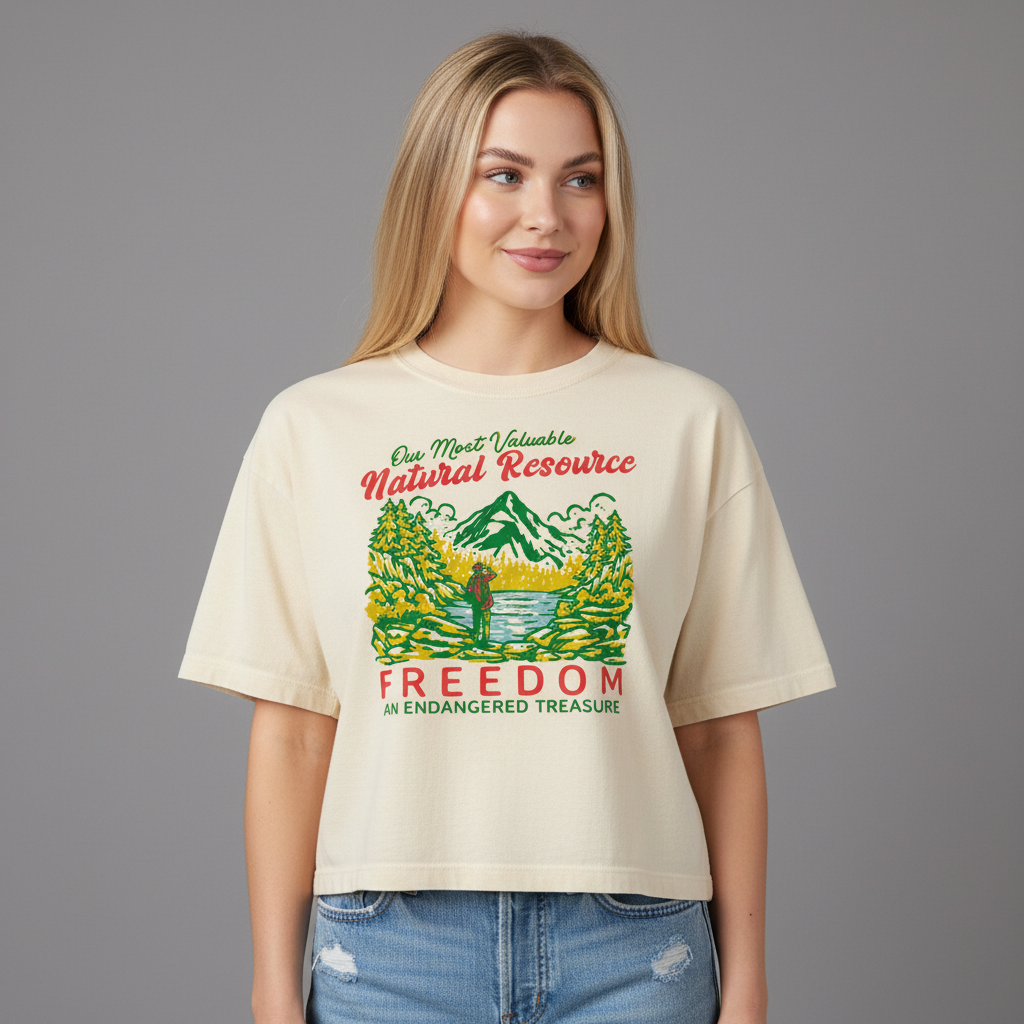 Woman wearing boxy crop tee with Freedom an Endangered Treasure graphic