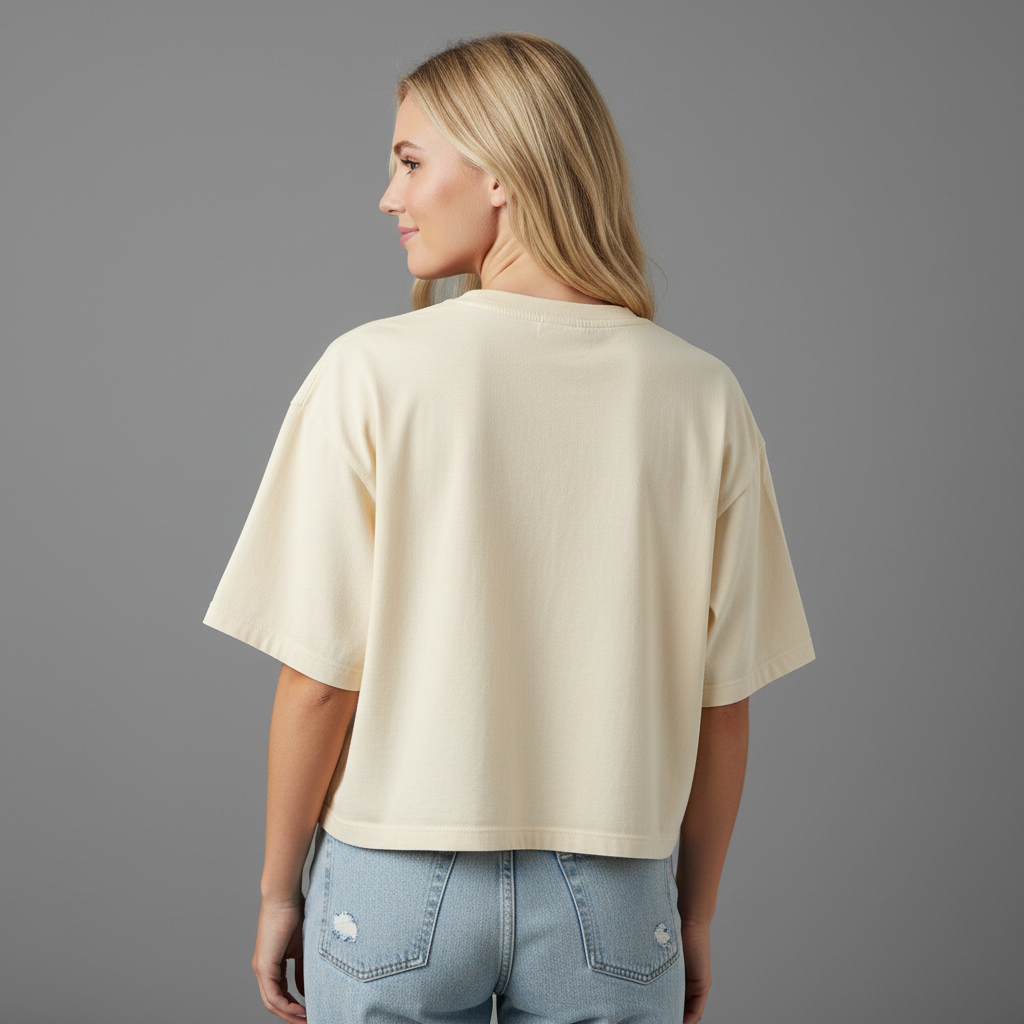 Woman wearing a beige oversized t-shirt and blue jeans on a gray background