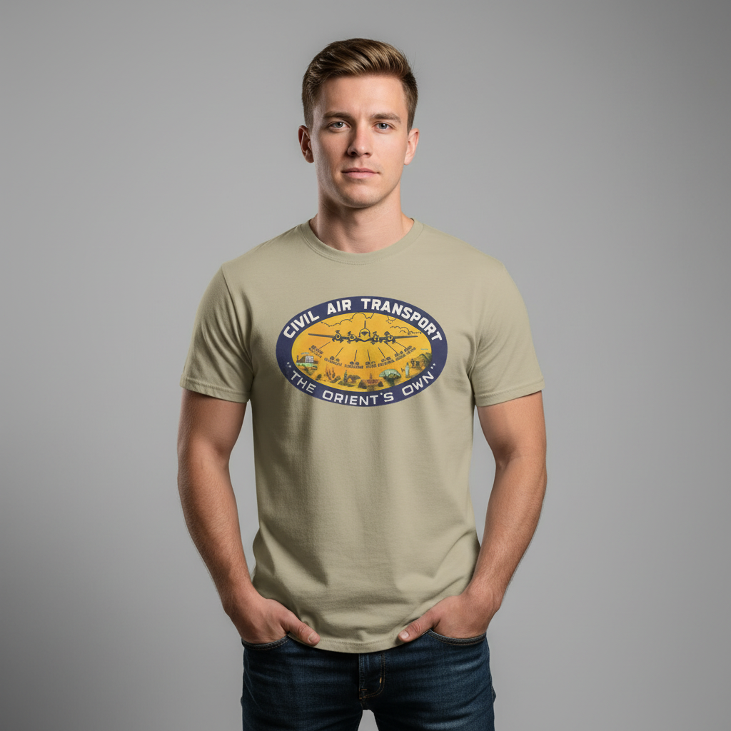 Man wearing a beige t-shirt with a Civil Air Transport logo on a gray background