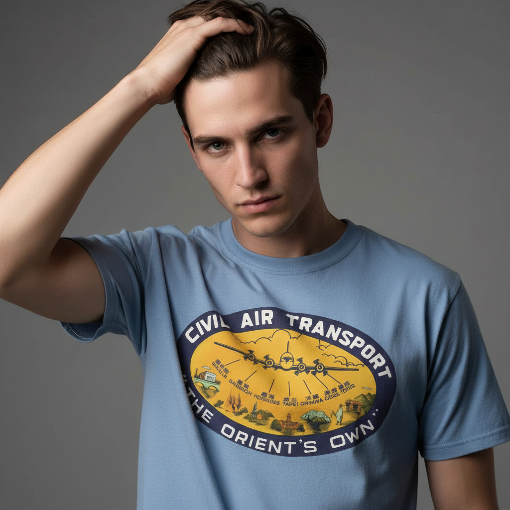 Man wearing Civil Air Transport heavyweight retro t-shirt in washed denim