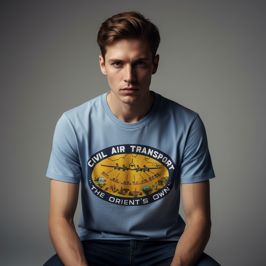 Man wearing Civil Air Transport heavyweight retro t-shirt in washed denim