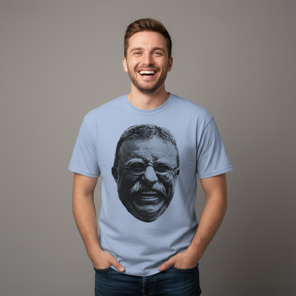 Man wearing a light blue Teddy Roosevelt Laugh Garment-dyed Heavyweight Tee on a gray background