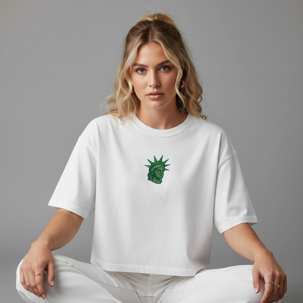 Relaxed fit women’s crop tee with Lady Liberty embroidery styled with jeans