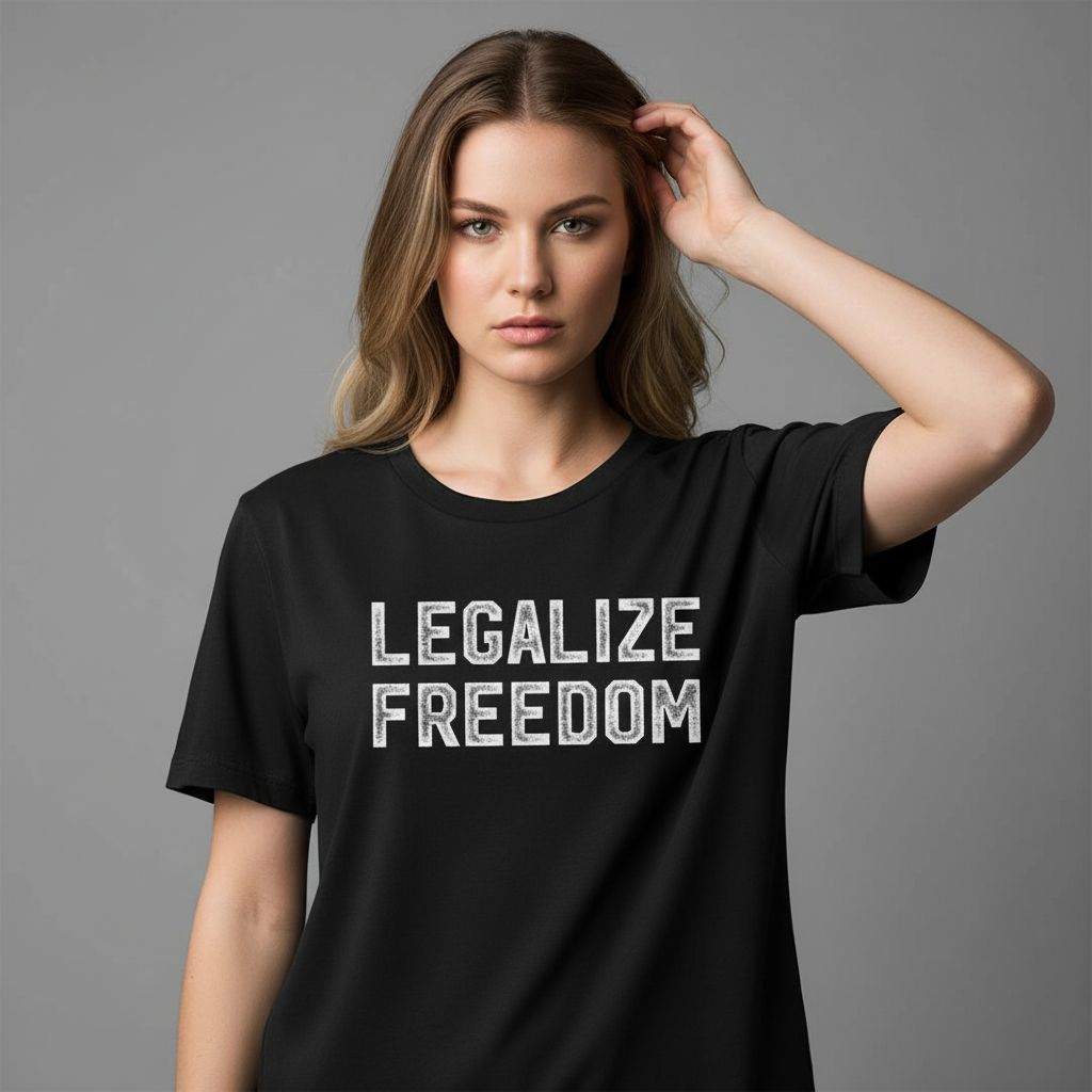 Woman wearing a black t-shirt with 'LEGALIZE FREEDOM' text on a gray background