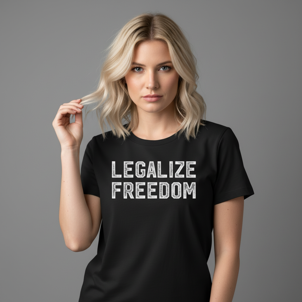 Woman wearing a black t-shirt with &#39;LEGALIZE FREEDOM&#39; text on a gray background