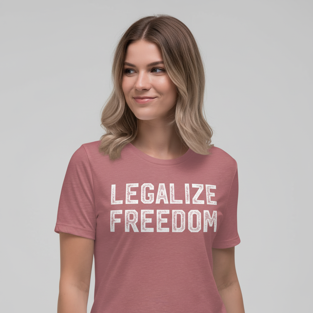 Person wearing a pink t-shirt with 'LEGALIZE FREEDOM' text on a plain background