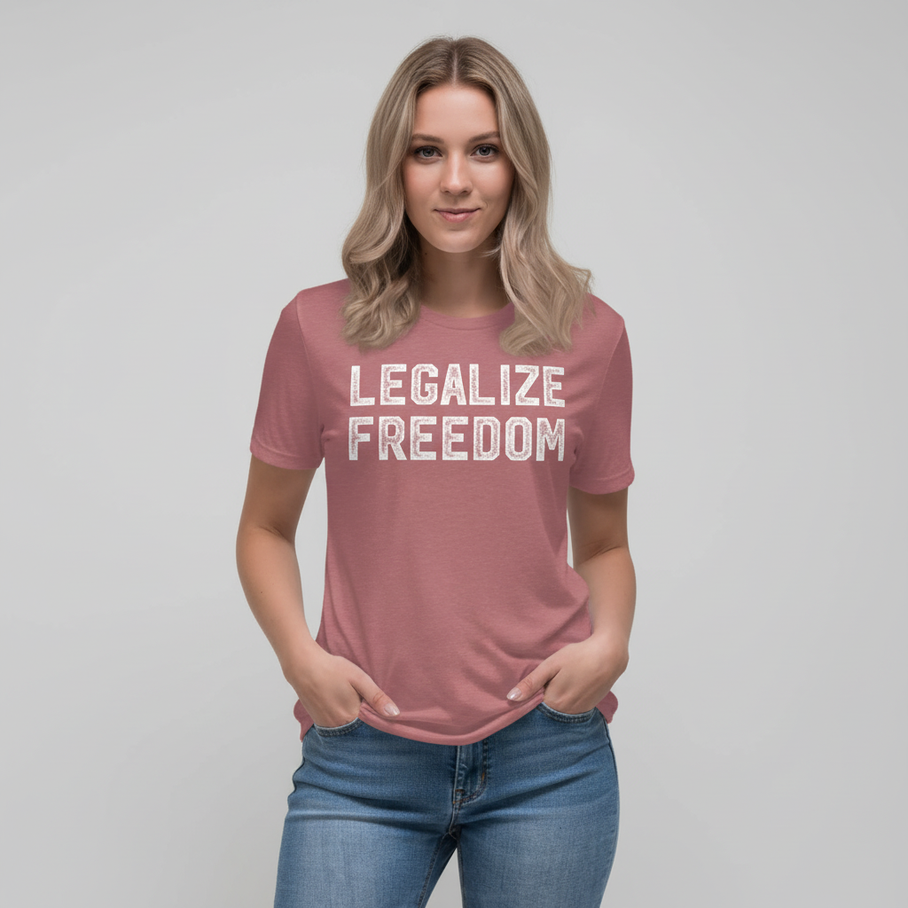 Woman wearing a pink t-shirt with &#39;LEGALIZE FREEDOM&#39; text on a plain background
