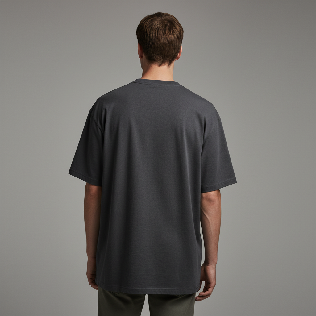 Person wearing a plain dark gray t-shirt against a gray background