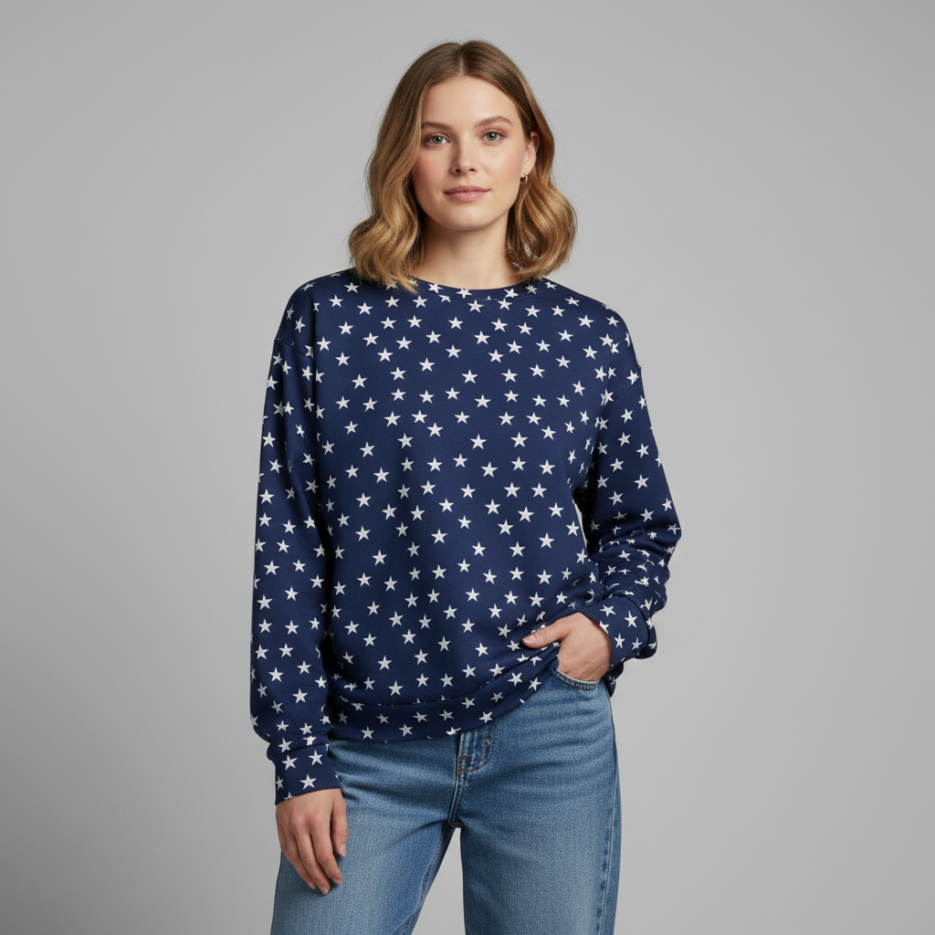 Woman wearing a navy blue sweater with white star pattern and light blue jeans on a gray background